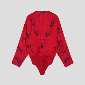 Zara embroidered bodysuit red Size S